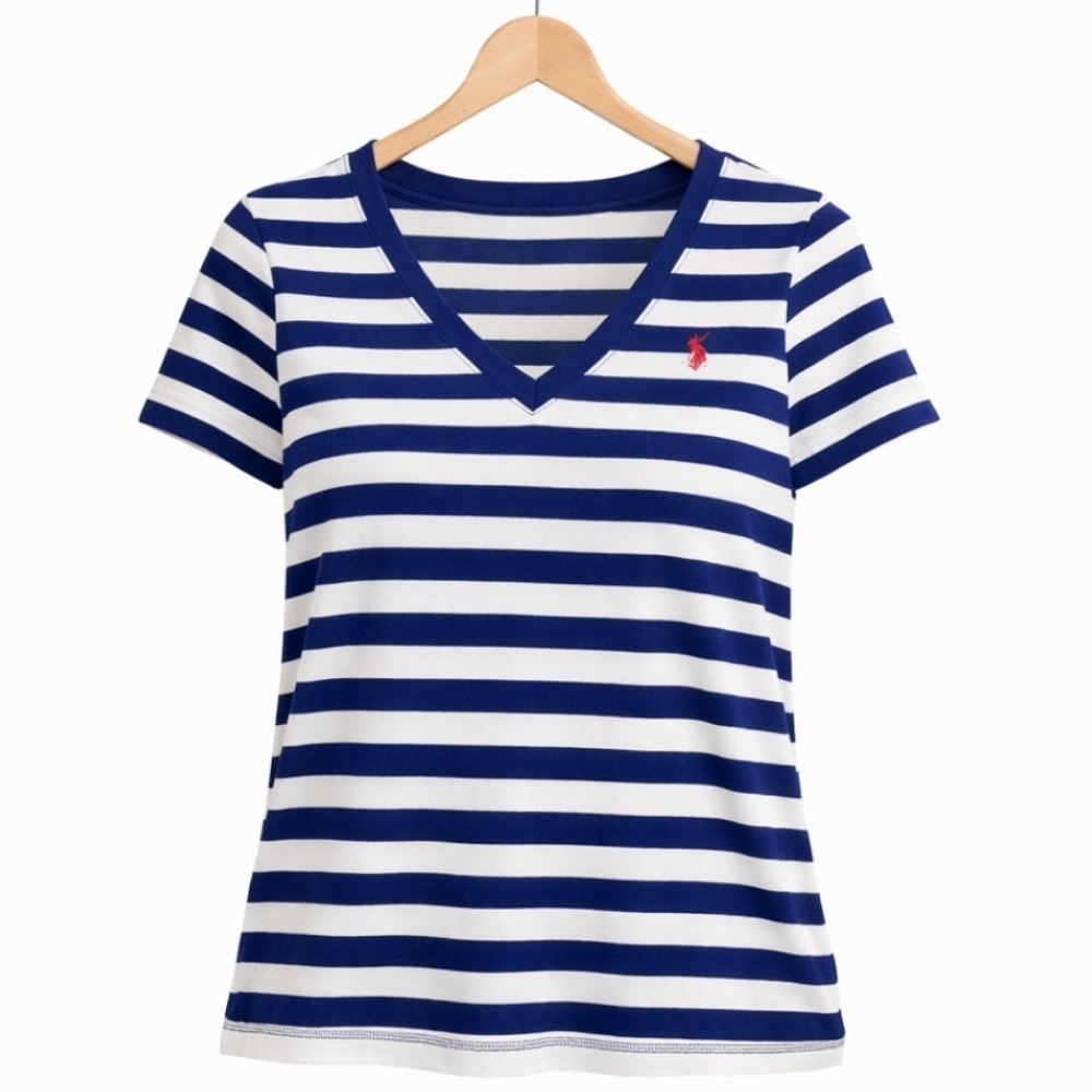 Ralph Lauren Sport Blue Amd White Striped Womens Short Sleeve Tee Sz Lg